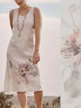 J.Jill Pure Jill Linen Cream Midi Dress with a Watercolor Floral Design Large